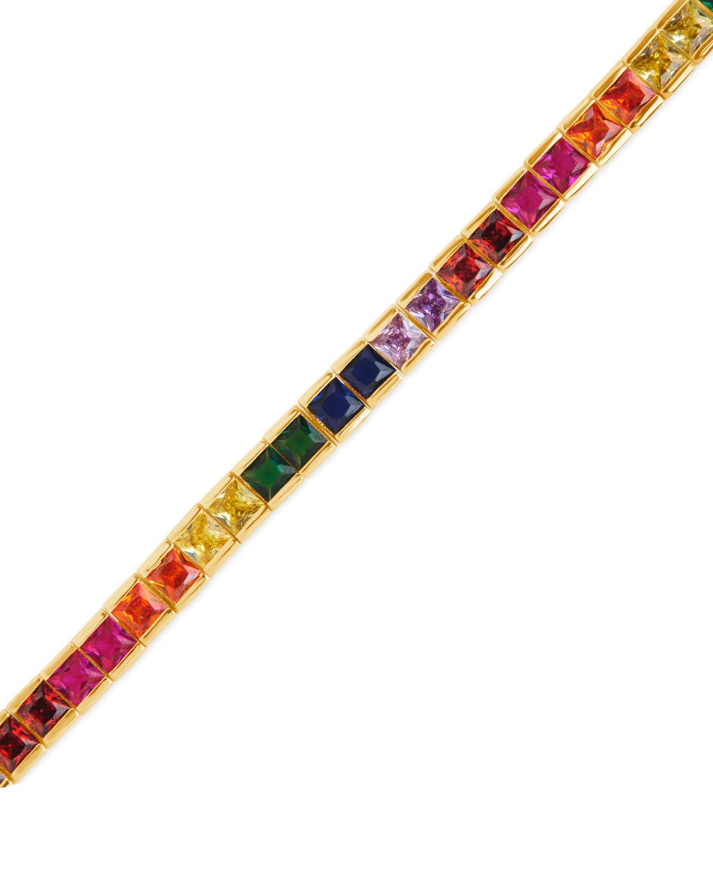 14k Gold Plated Multi Colored hot Square Cubic Zirconia Tennis Bracelet, Rainbow Tennis CZ Bracelet, Gift For Her