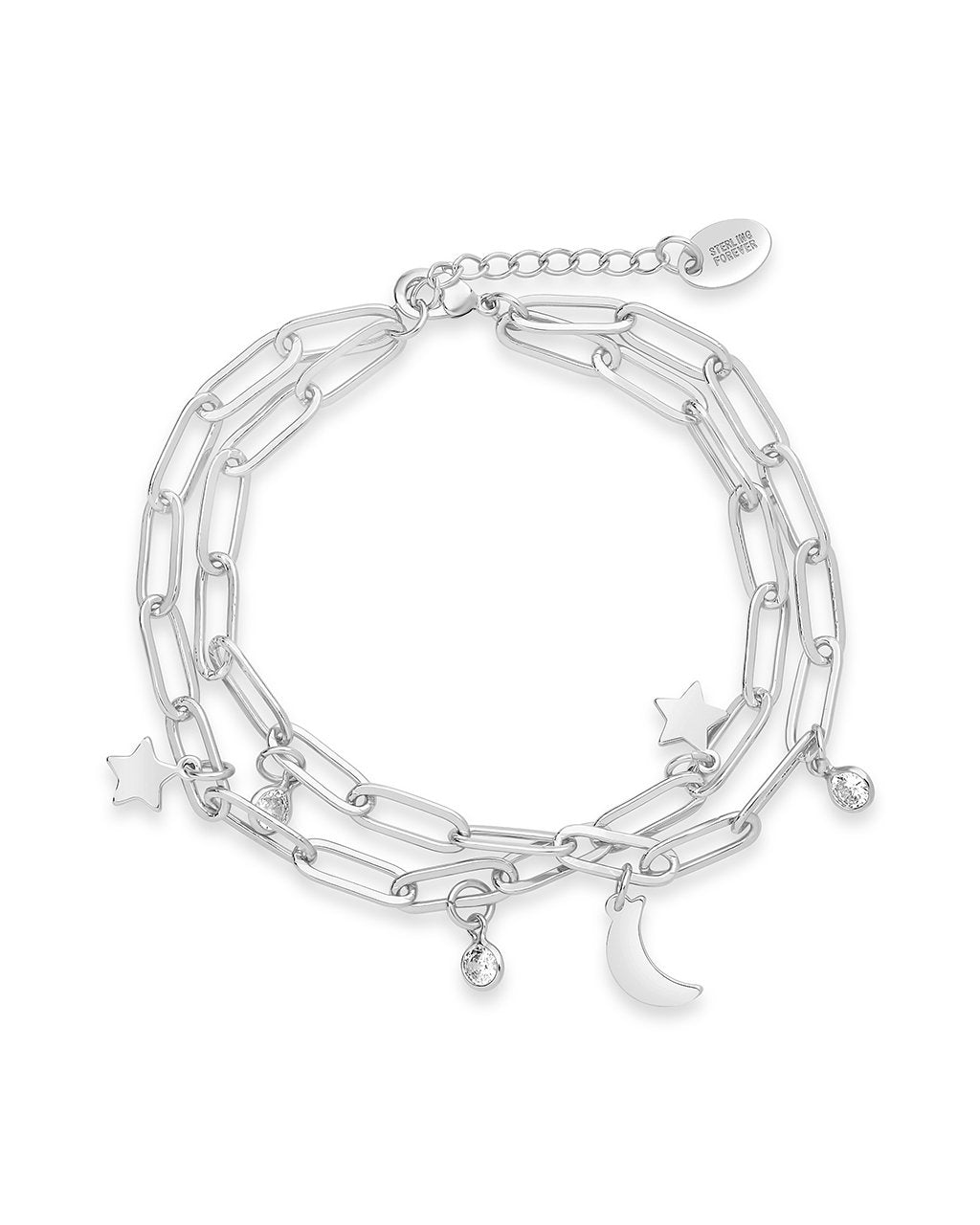 CZ, Moon, & Star Double Chain Bracelet