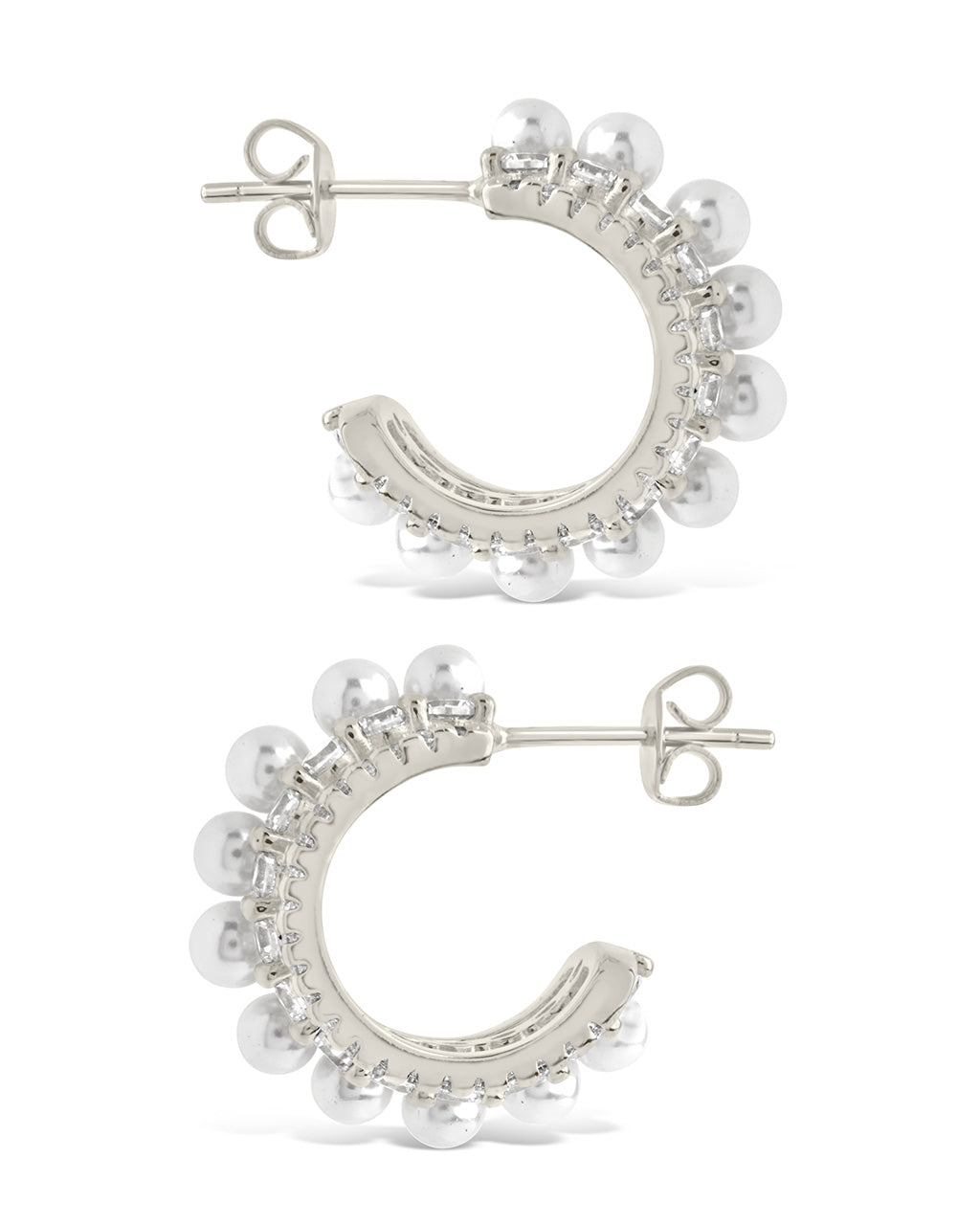 Three Row Pearl And Cubic Zirconia Huggie Hoop Stud Earrings