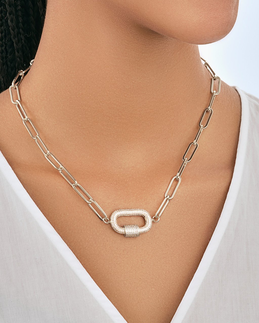 Pave CZ Carabiner Linked Lock Necklace