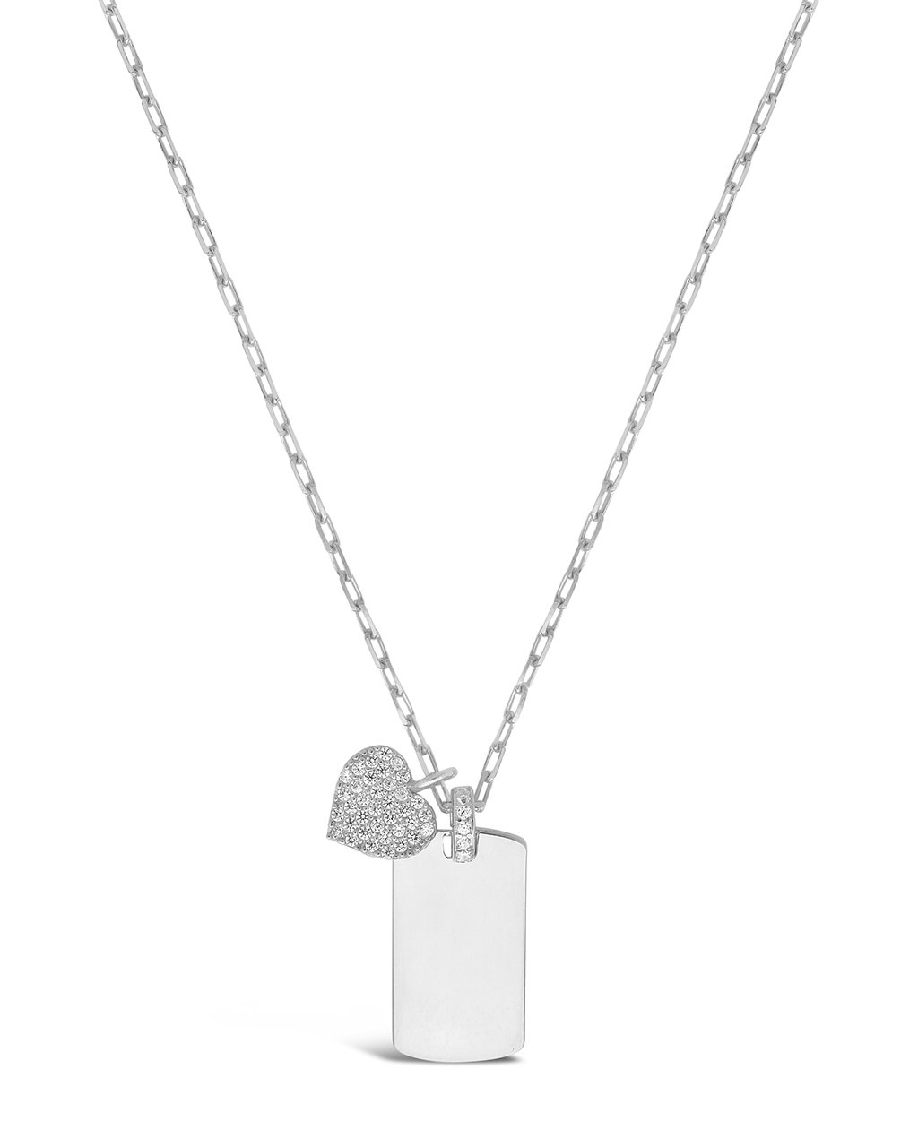 Sterling Silver Tag & CZ Heart Pendant Necklace