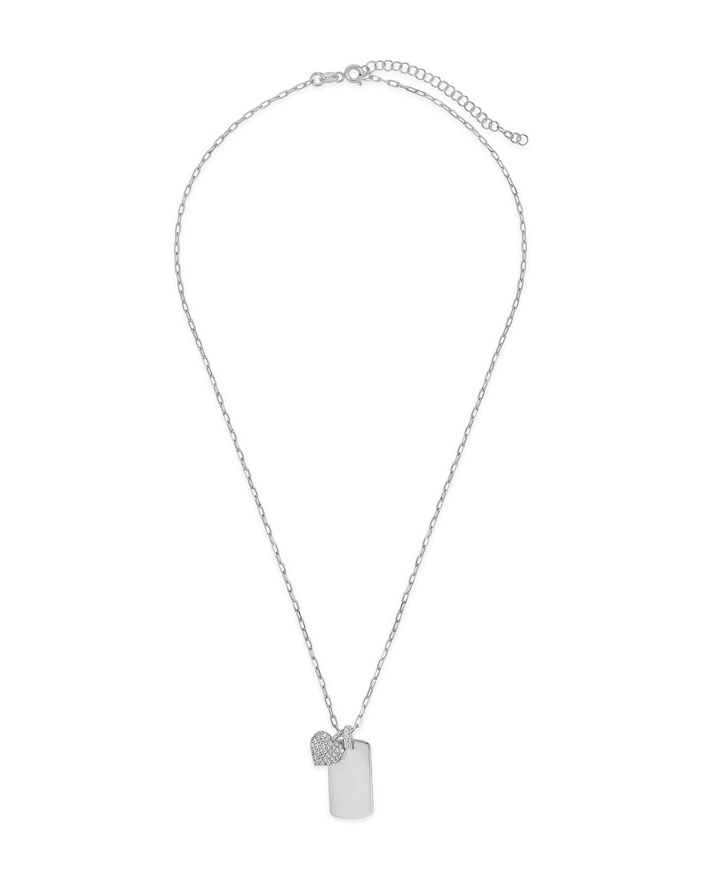 Sterling Silver Tag & CZ Heart Pendant Necklace