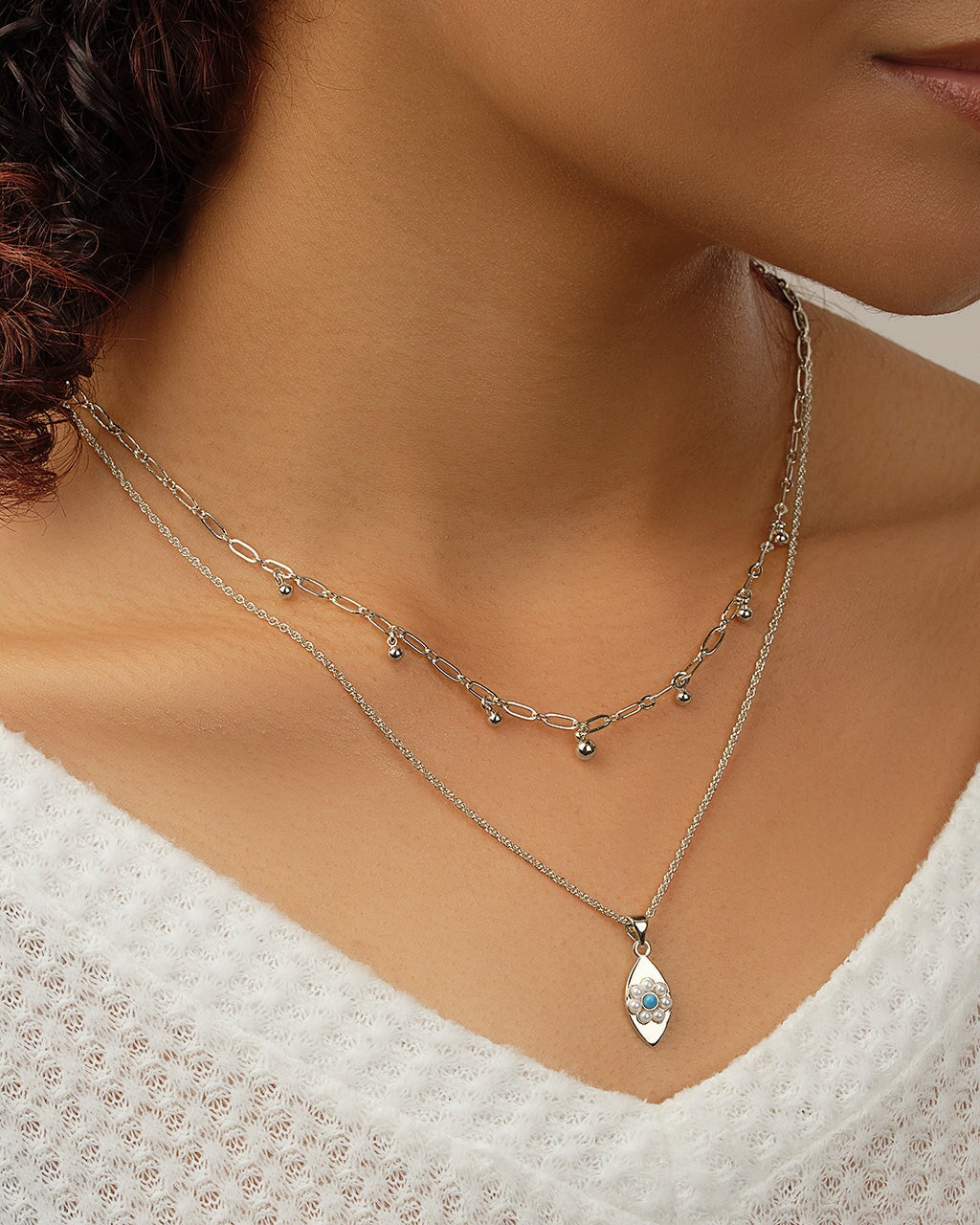 Silver Faux Pearl Chain and Heart Pendant Layered Necklace