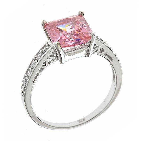 Sterling Silver Pink Sapphire CZ Princess Cut Ring