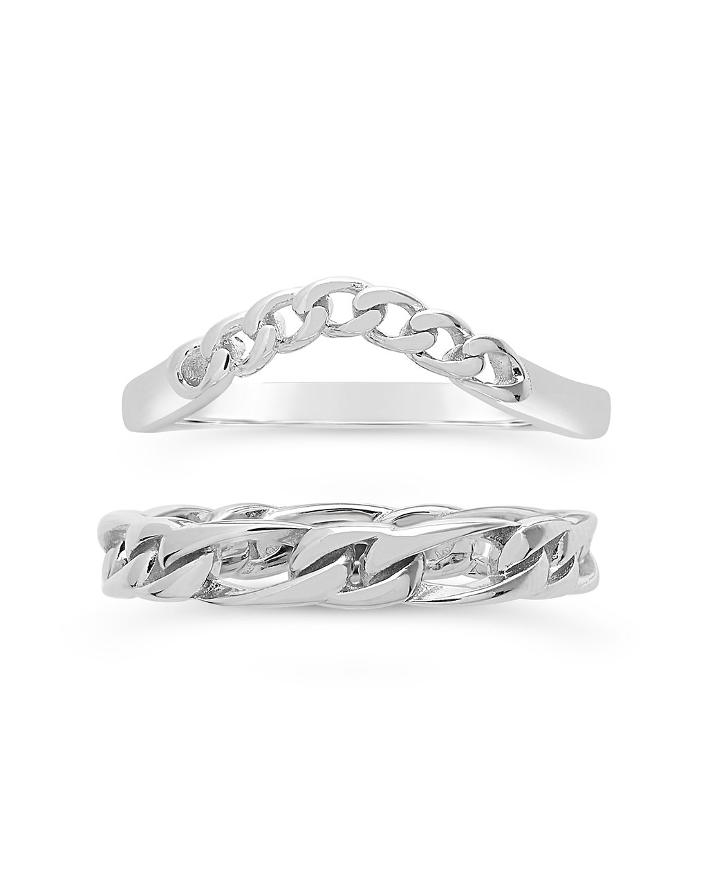 Sterling Silver Figaro & Curb Chain Link Ring Set