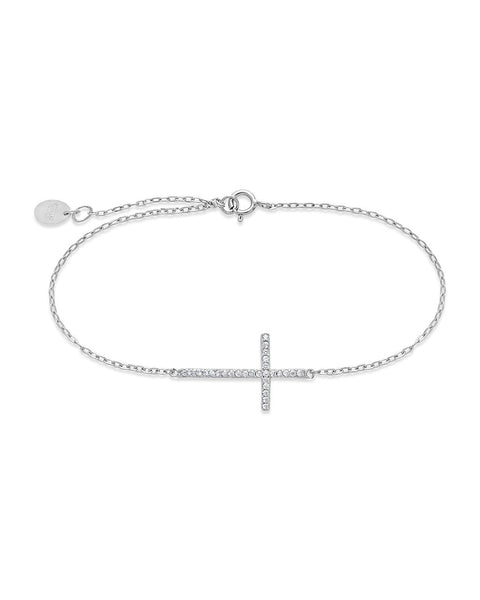 Sterling Silver Sideways CZ Cross Bracelet