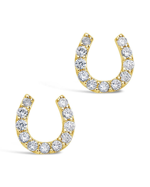 14K Solid Yellow Gold Diamond Horseshoe Stud Earrings – Sterling